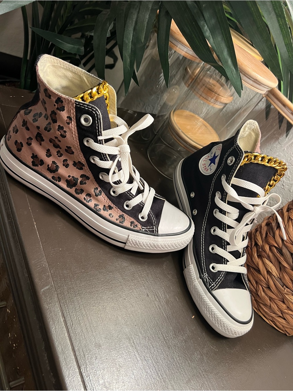 Converse Leopard Print & Black Canvas Women's Sneakers Gold Chain Accent 7